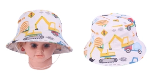 Detail of kids white sun hat featuring yellow excavator prints and secure chin strap