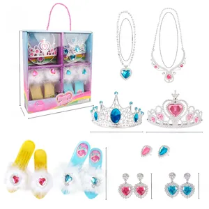 Detailed view of DIY princess dress-up set with crowns, jewelry, and fluffy high heels
