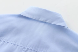 Detail of light blue cotton shirt collar showing fine stitching and woven fabric texture