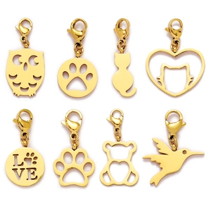 Set of 8 gold stainless steel animal charms with lobster clasps for DIY jewelry making