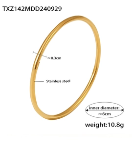 Detail view of 18K gold PVD coated stainless steel bangle with dimensions and weight info