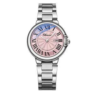 Women's quartz watch with pink Roman numeral dial and silver stainless steel strap