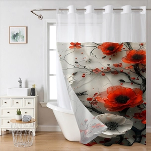 Detail of waterproof waffle shower curtain with floral print and silver metal grommets