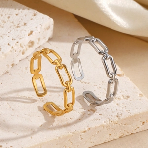 Geometric Chain Link Ring Stainless Steel Minimalist Hip Hop Style For Women Open Adjustable Rectangular Links Jewelry