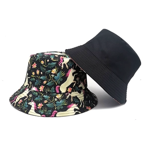 Unisex foldable black bucket hat set with minimalist style and floral unicorn prints
