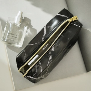 Large black marble print pencil case with gold zipper for cute stationery storage