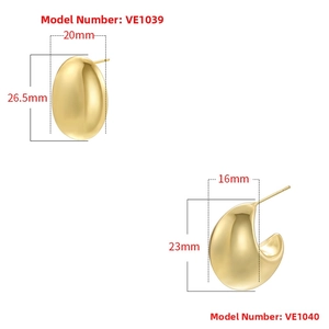 Close-up of hollow water-drop and oval 18K gold plated earrings with dimensions