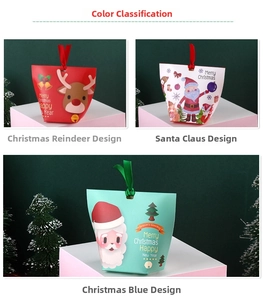 Three festive Christmas gift bags with reindeer and Santa patterns and ribbon handles