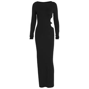 Detail of a black bodycon maxi dress featuring a side waist wavy cutout design