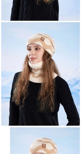 Detail of winter knitted hat and scarf set with two-tone pattern and leather logo patch