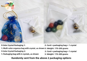 Detail view of natural crystal stones set with mesh necklace in organza and frosted bags