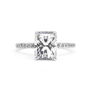 Classic radiant cut zircon engagement ring in white gold with pave diamond accents