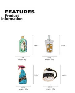 Detail showing four enamel pins including coffee and bottle designs with dimensions