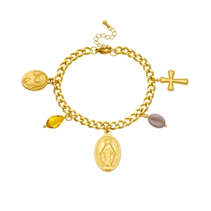 Detail of 18K gold plated necklace with Virgin Mary medal, cross and colorful gemstones