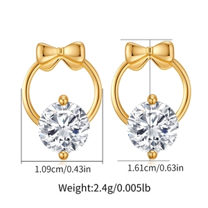 Detailed size diagram of gold bow earrings with cubic zirconia, 1.61cm height and 2.4g weight
