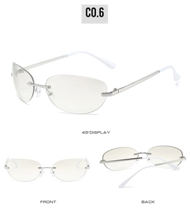 Three-angle views of rimless cat-eye sunglasses with silver metal bridge and oval lenses