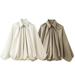 Women Satin Pleated Bomber Jacket Stand Collar Zipper Long Puff Sleeve Shiny Chic Ruched Coat Outerwear