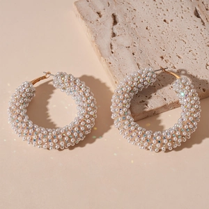French style gold hoop earrings with white pearls and sparkling rhinestones for women