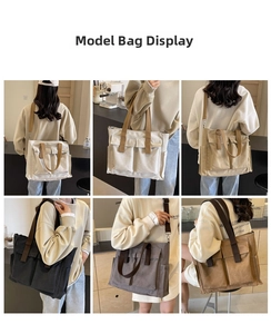 Detail view of canvas tote bags in six colors with large functional front pockets