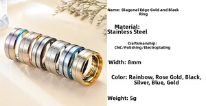 Detailed view of 8mm brushed stainless steel rings in multi-color stacked arrangement