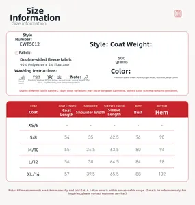 Detailed size chart for fleece jacket with measurements for S to XL sizes