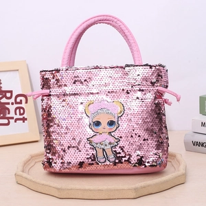 Detail of pink sequin drawstring bag with cute cartoon doll for young girls