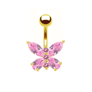 Golden butterfly navel ring featuring pink marquise crystals on a white background