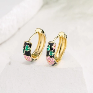 Gold-plated 18K copper hoop earrings with black enamel and colorful floral pattern