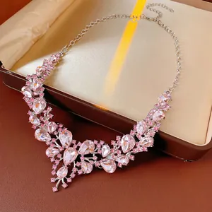 Vintage style V-shaped necklace with pink waterdrop crystals in a premium jewelry box
