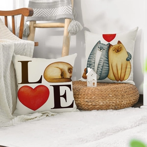 Cartoon couple cat print linen pillows with watercolor LOVE design for home decor