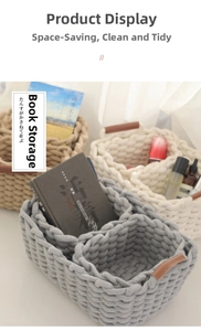 Detail of hand-woven cotton rope baskets with leather handles in neutral colors