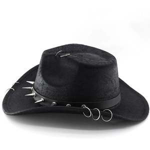 Detail of black felt cowboy hat featuring punk style metal spikes and silver ring accents