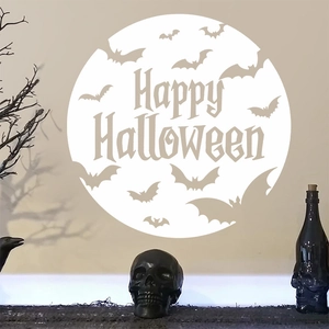 Happy Halloween round window sticker featuring bat silhouettes for festive home decor