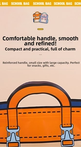 Detail of school bag style gift pouch with reinforced handle and cartoon design