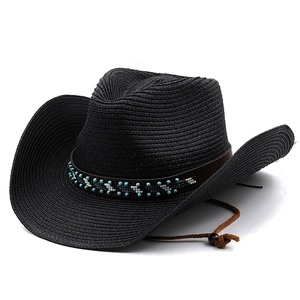Detail of black straw cowboy hat with geometric beaded band and adjustable wind rope