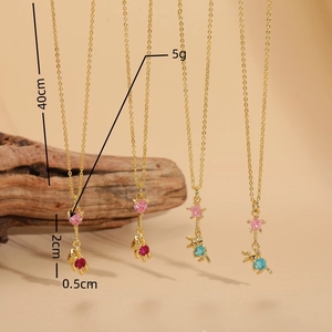 Cute gold chain necklace with pink zircon star and animal pendant, length 40cm