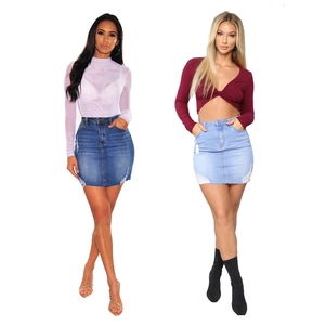 Women Cotton Denim Skirt High Waist Bodycon Distressed Ripped Frayed Hem High Stretch Casual Sexy Streetwear Clothing