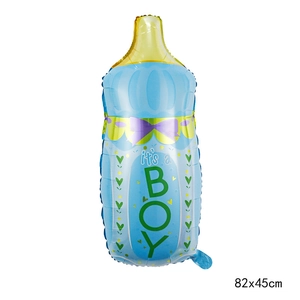 Blue baby bottle foil balloon with it's a boy text for baby shower 82x45cm