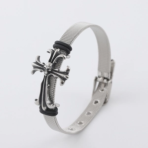 Stainless Steel Mesh Strap Bracelet With Gothic Skull Cross Charm Adjustable Punk Retro Style Jewelry For Men Women