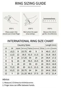 Ring size guide with international conversion chart and finger measuring instructions