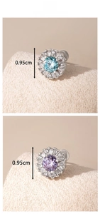 Detail showing 0.95cm flower zircon stud earrings in blue and purple stone styles