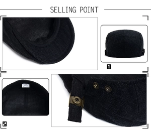 Detail view of black linen beret featuring metallic side buckles and size label detail