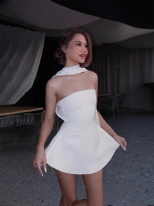 Slim fit white halter neck mini dress with matching neck scarf detail for women