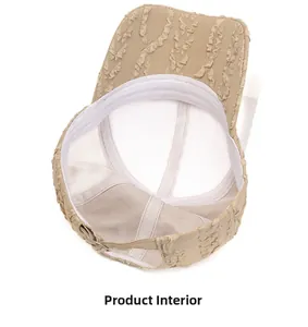 Detail view of khaki seersucker baseball cap showing breathable mesh lining and buckle
