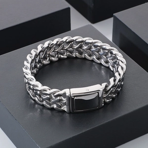 Detail of silver stainless steel men's heart link chain with square clasp closure