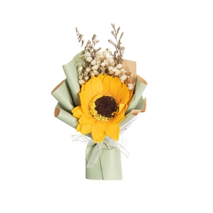 Mini artificial sunflower bouquet with gypsophila in green and beige wrapping