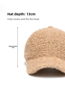 Detail view of camel fleece baseball cap showing 13cm deep crown and plush texture