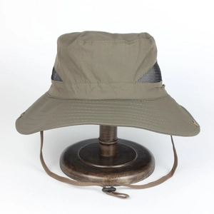 Army green wide brim fishing sun hat with breathable mesh and adjustable chin strap