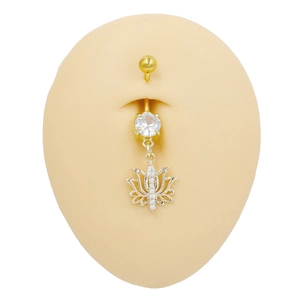 Piercing de nombril lotus doré avec cristaux sur tige courbée en acier inoxydable