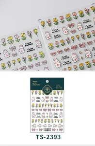 Detail of 3D nail art stickers TS-2393 featuring cute rabbits and tulip flowers